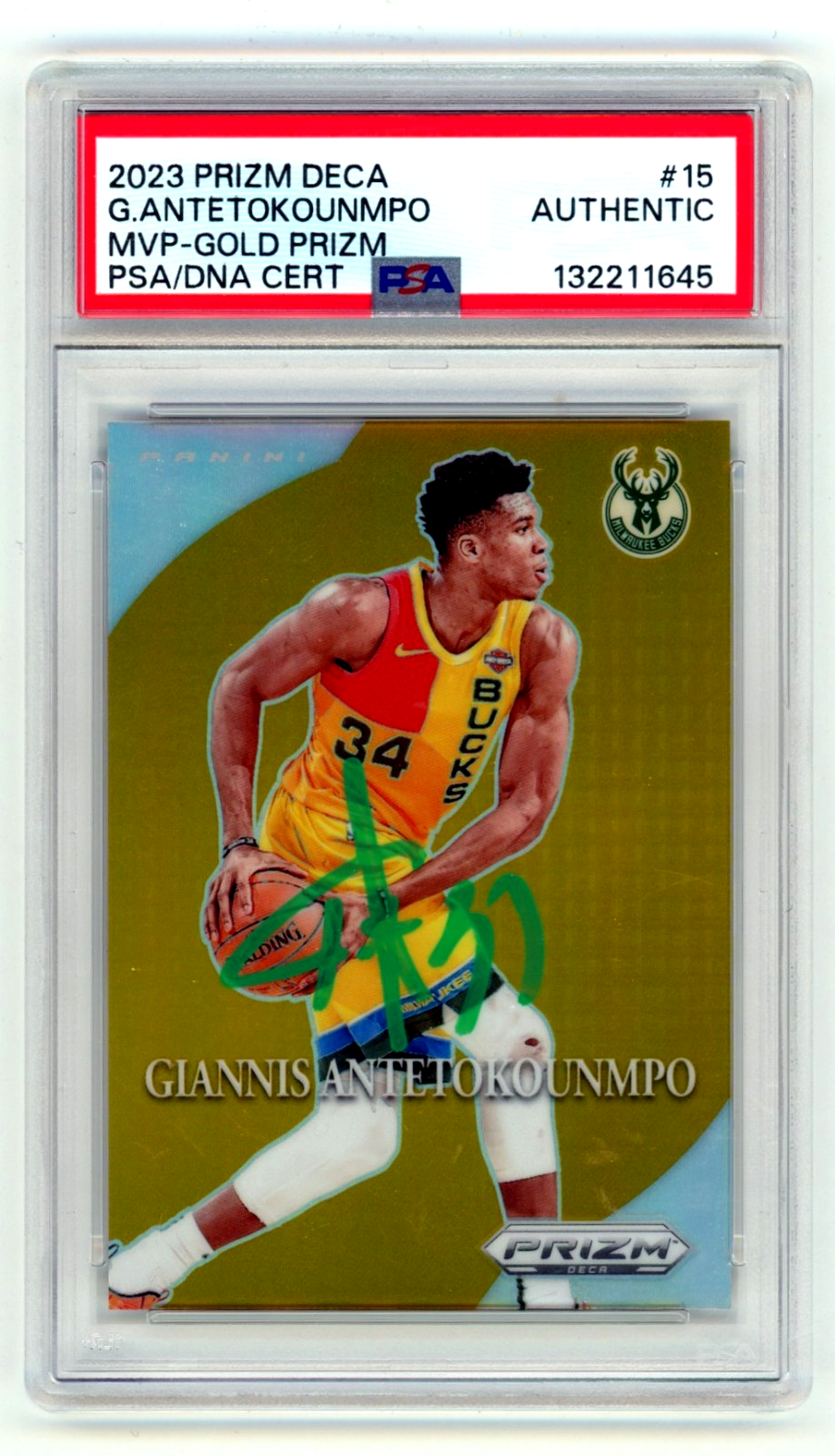 Giannis Antetokounmpo 2023-24 Prizm Deca 15 MVP Gold Prizm Signed #4/10 PSA Auto-Powers Sports Memorabilia