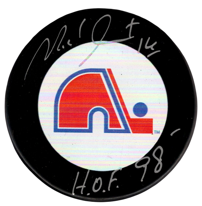 Michel Goulet Signed Quebec Nordiques Puck w/ HOF 98 Beckett Witness Authenticated-Powers Sports Memorabilia