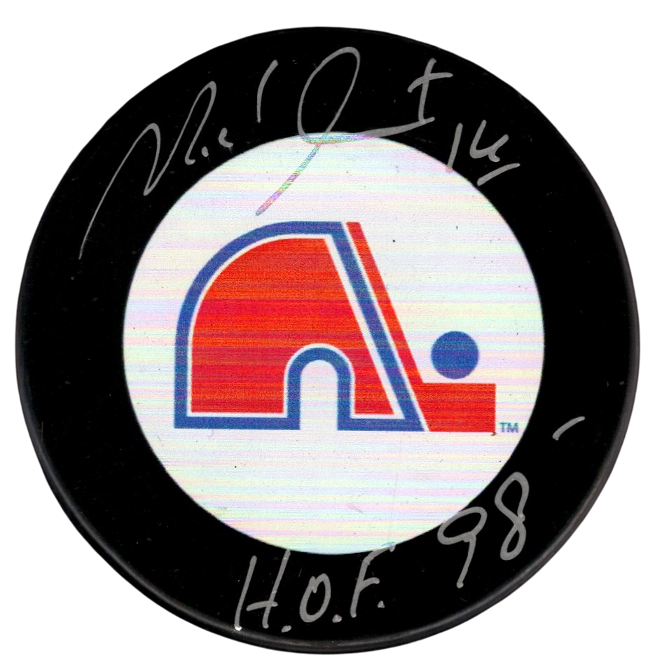 Michel Goulet Signed Quebec Nordiques Puck w/ HOF 98 Beckett Witness BAS COA-Powers Sports Memorabilia