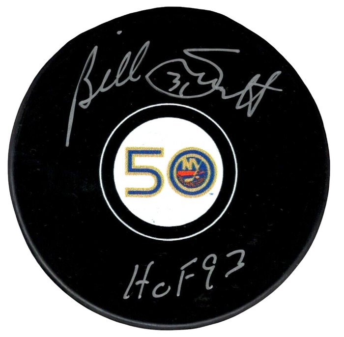 Billy Smith Signed Islanders 50th Anniversary Puck w/ HOF 93 Beckett Witness Authenticated-Powers Sports Memorabilia