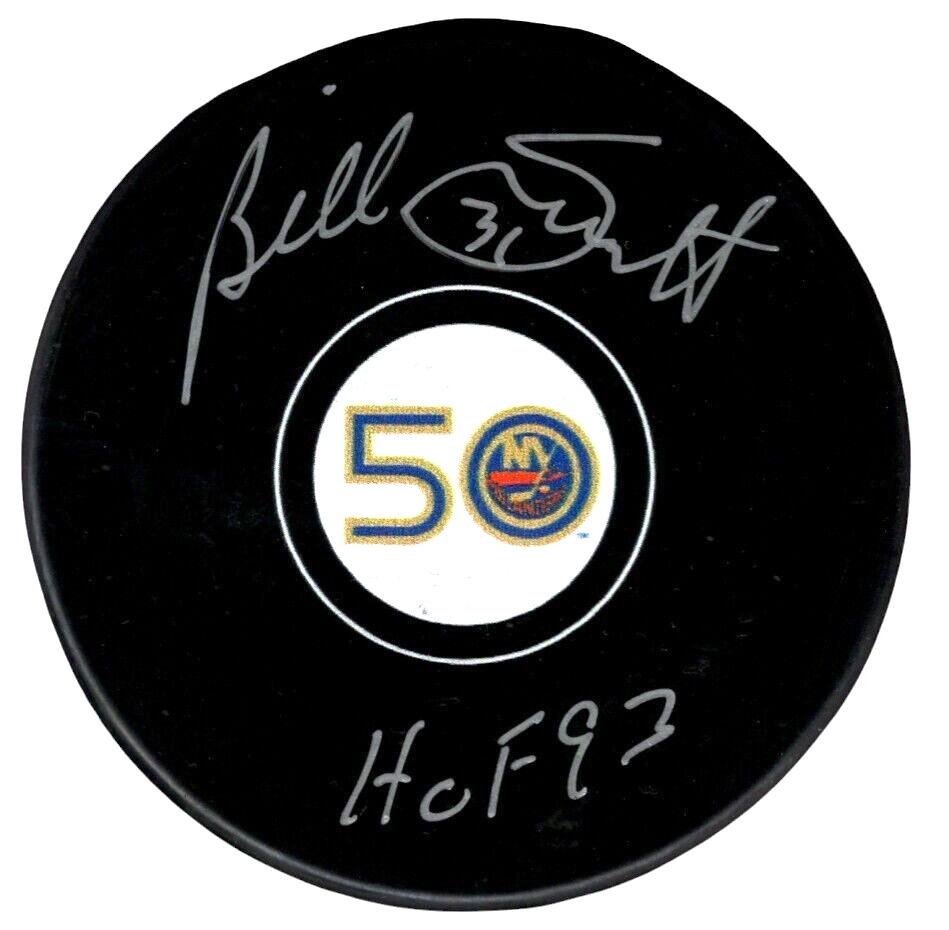 Billy Smith Signed Islanders 50th Anniversary Puck w/ HOF 93 Beckett Wit BAS COA-Powers Sports Memorabilia