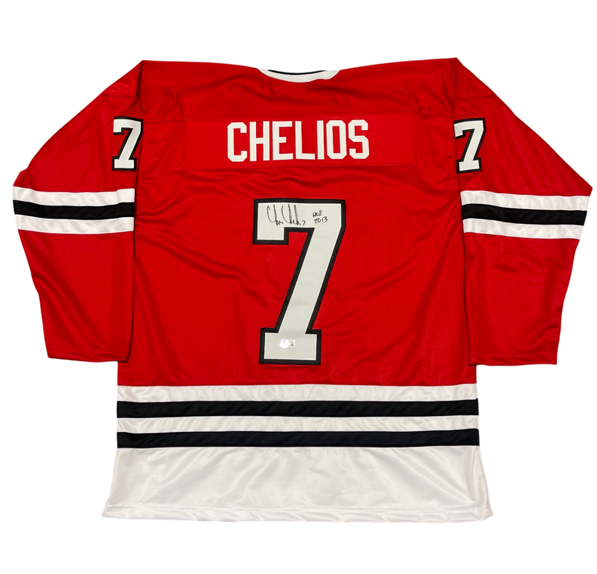 Chris Chelios Signed Custom Jersey w/ HOF 2013 Beckett Witness Authenticated - Red Jersey 2-Powers Sports Memorabilia