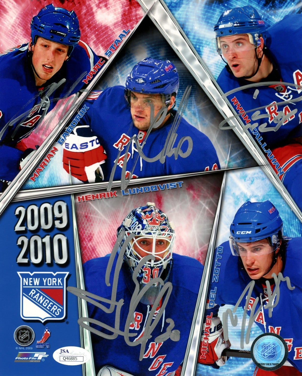Lundqvist Del Zotto Callahan Staal Gaborik 2009-10 Rangers 5 Signed 8x10 JSA Authenticated-Powers Sports Memorabilia
