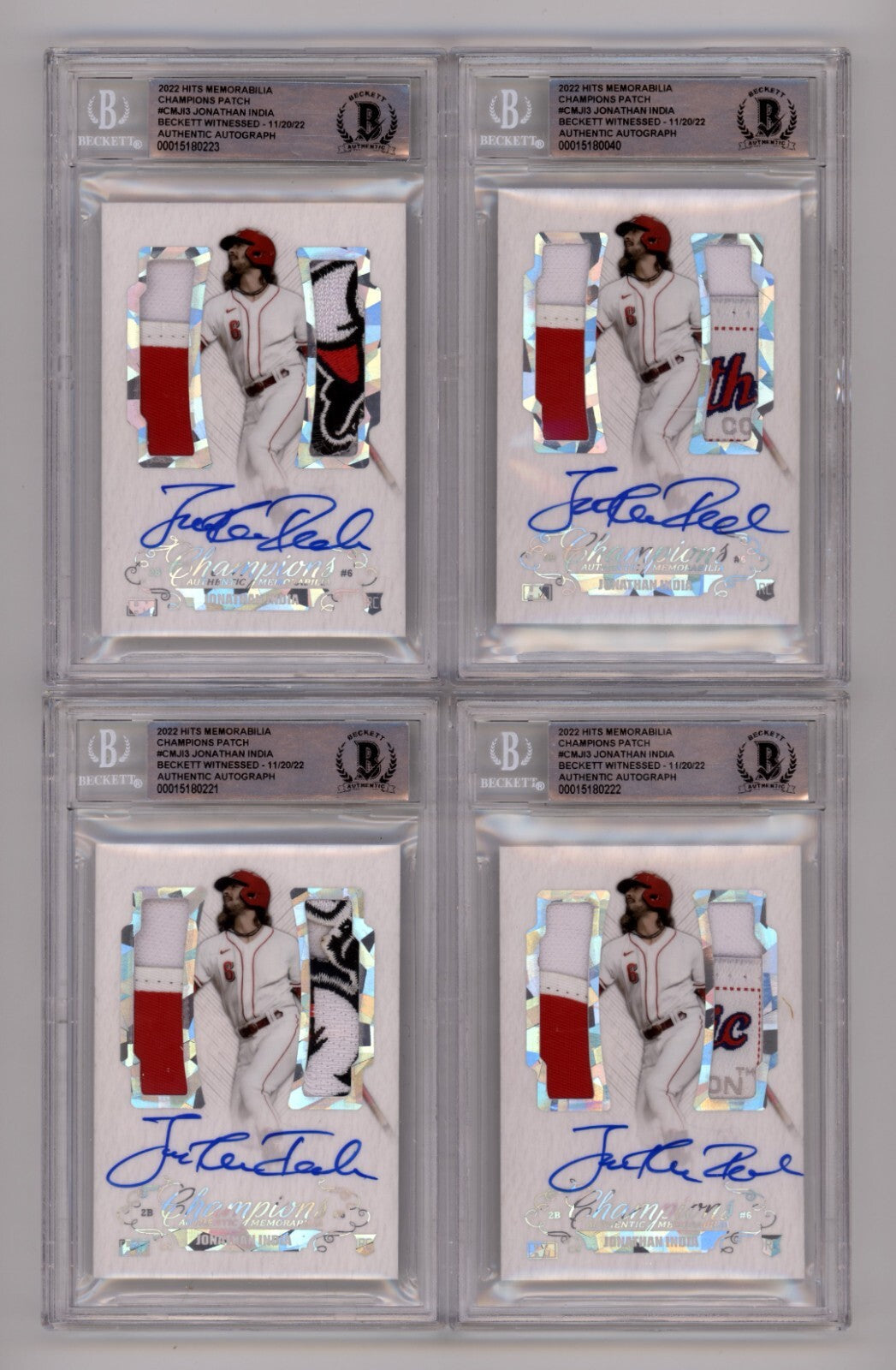 Jonathan India 2021 Hits Memorabilia Champions Ice Patch Dual Auto RC /6 BGS BAS-Powers Sports Memorabilia