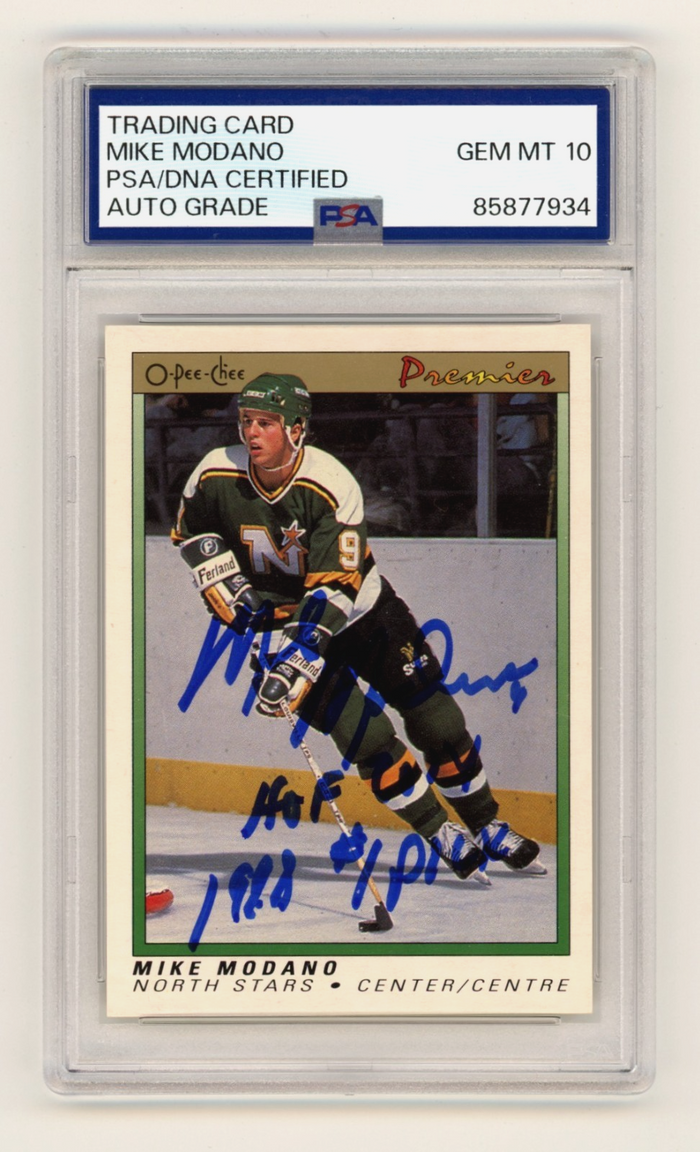Mike Modano 1990-91 O-Pee-Chee Premier Signed RC w/ 2 Insc. PSA 10 Auto HOF-Powers Sports Memorabilia