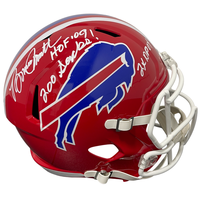 Bruce Smith Signed Bills TB FS Full Size Helmet w/ 3x Ins Beckett Witness Authenticated-Powers Sports Memorabilia