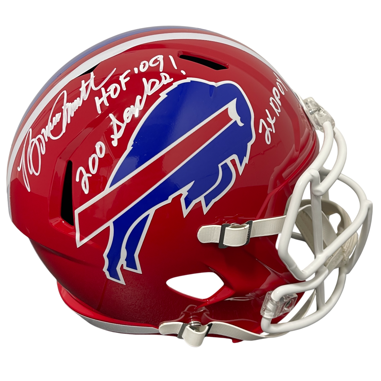 Bruce Smith Signed Bills TB FS Full Size Helmet w/ 3x Ins Beckett Witness Authenticated-Powers Sports Memorabilia