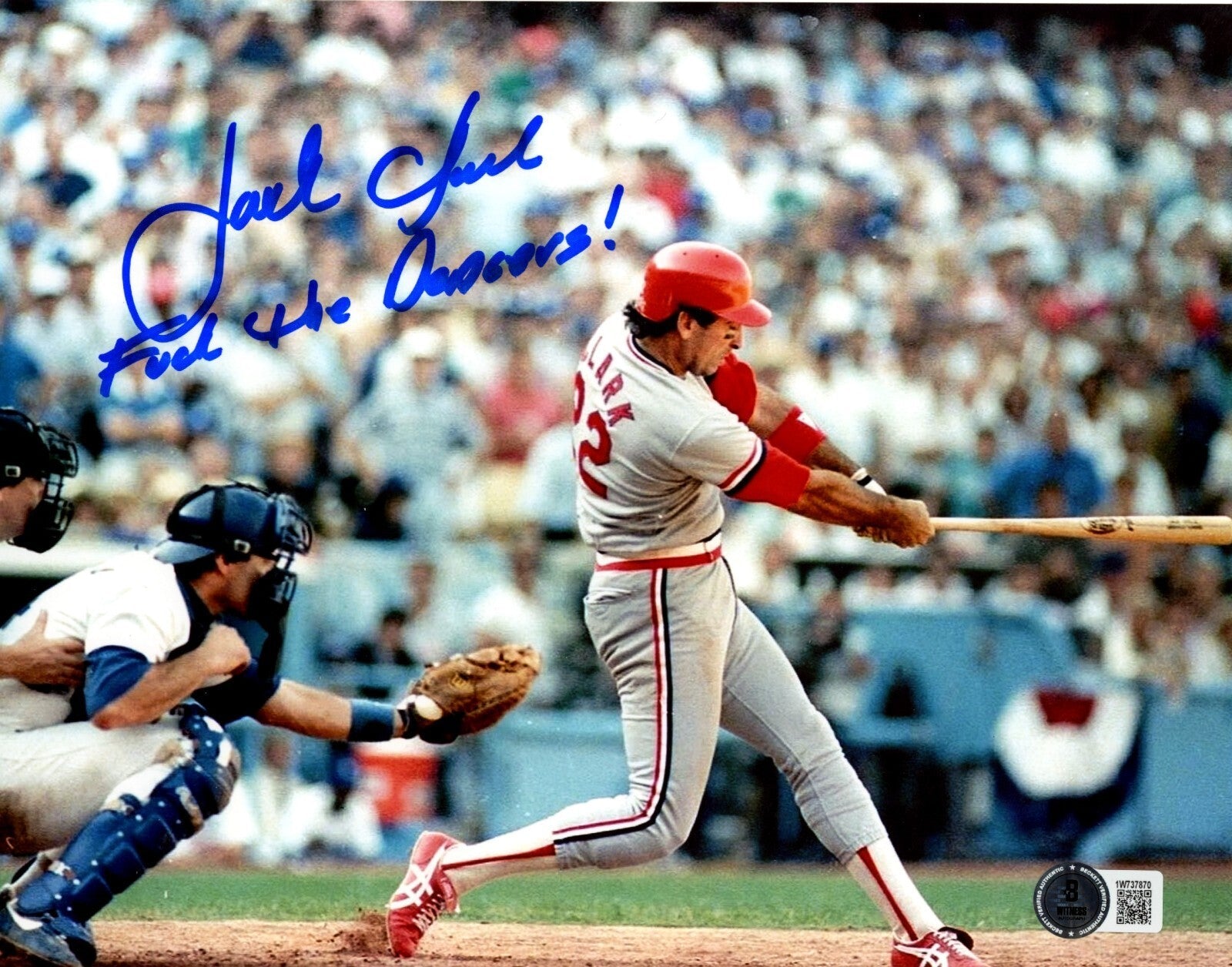 Jack Clark Signed SF Giants 8x10 Photo w/ F**k the Dodgers Beckett Witness Authenticated-Powers Sports Memorabilia