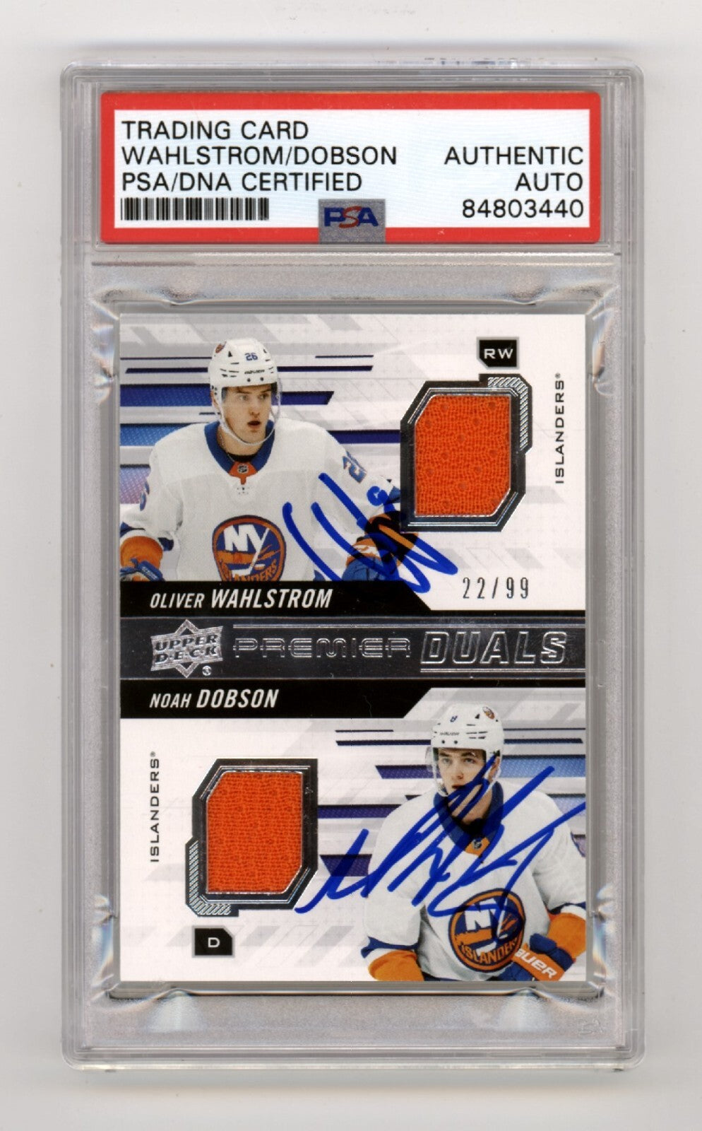 Oliver Wahlstom Noah Dobson 2019-20 UD Premier Duals Jersey RC /99 PSA Auto-Powers Sports Memorabilia