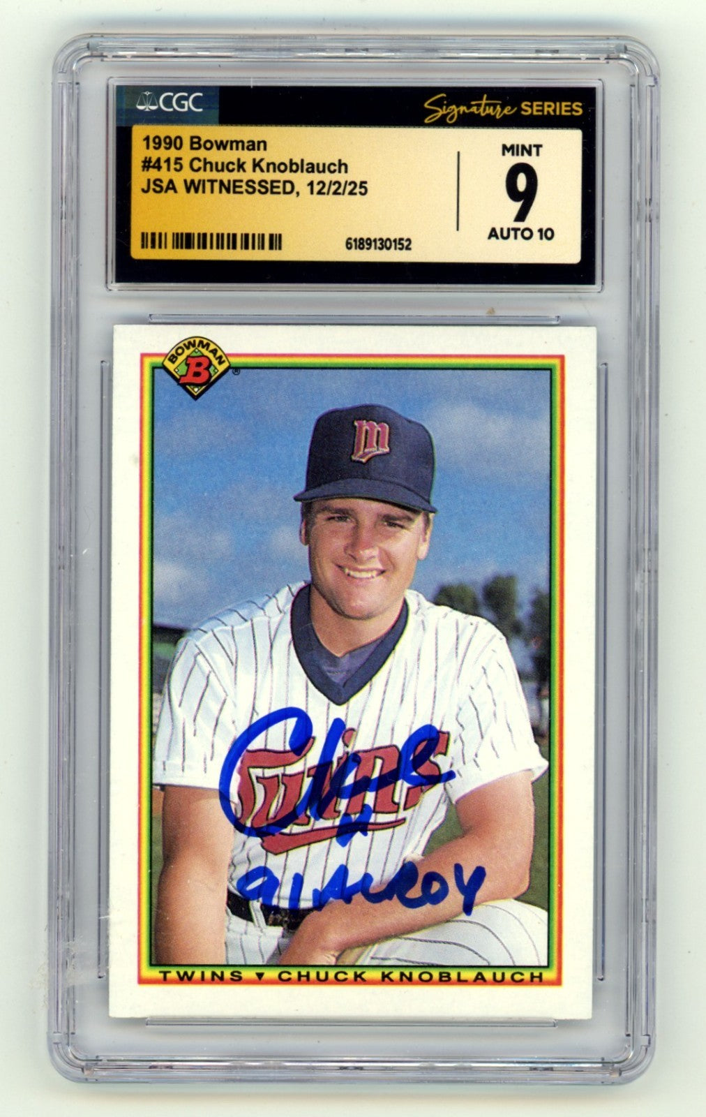 Chuck Knoblauch 1990 Bowman 415 Signed RC w/ 91 AL ROY JSA CGC 9 10 Auto Twins-Powers Sports Memorabilia
