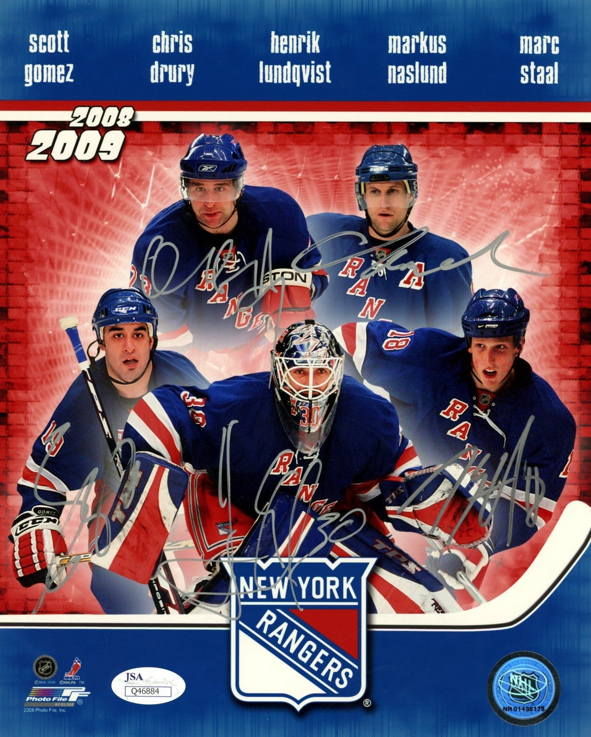 Gomez Drury Lundqvist Naslund Staal Signed 2008-09 NY Rangers Team 8x10 JSA Authenticated-Powers Sports Memorabilia