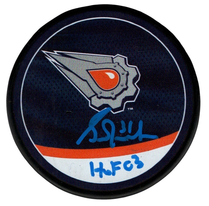 Grant Fuhr Signed Oilers Reverse Retro Puck w/ HOF 03 Beckett Witness Authenticated-Powers Sports Memorabilia