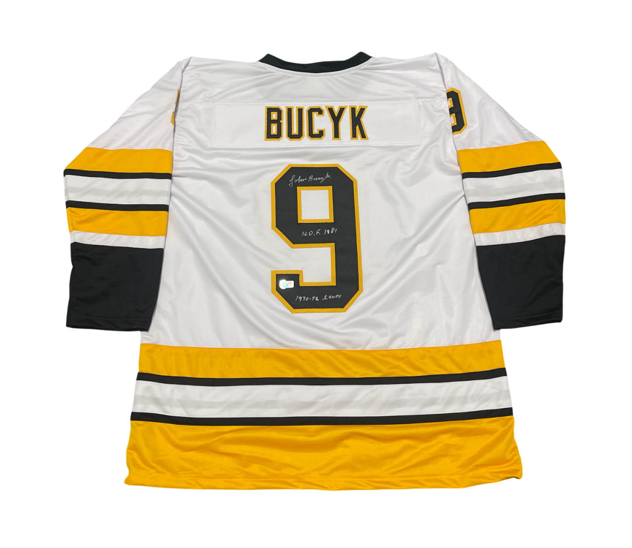 Johnny Bucyk Signed Custom Jersey w/ HOF + SC Beckett Authenticated-Powers Sports Memorabilia