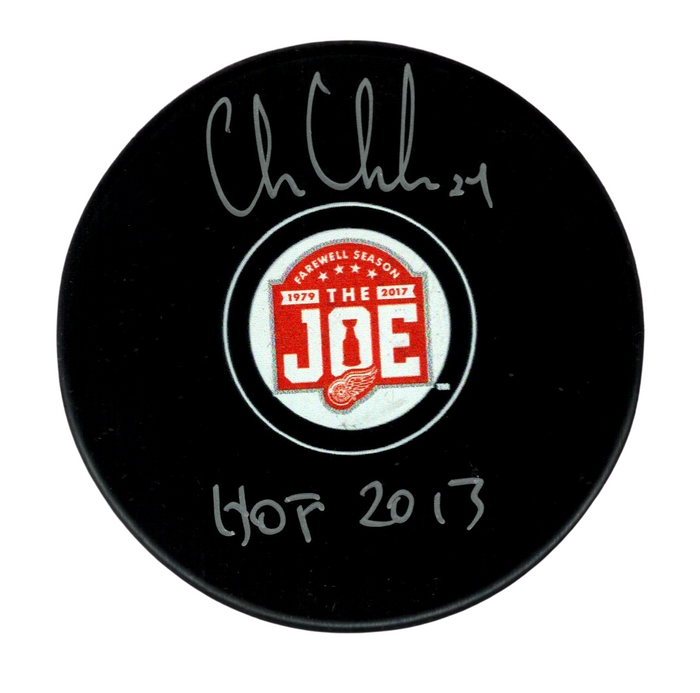 Chris Chelios Signed Auto Red Wings Farewell Joe Puck w HOF 2013 Beckett Authenticated-Powers Sports Memorabilia
