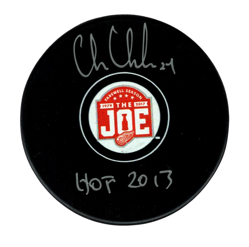 Chris Chelios Signed Auto Red Wings Farewell Joe Puck w HOF 2013 Beckett BAS COA-Powers Sports Memorabilia