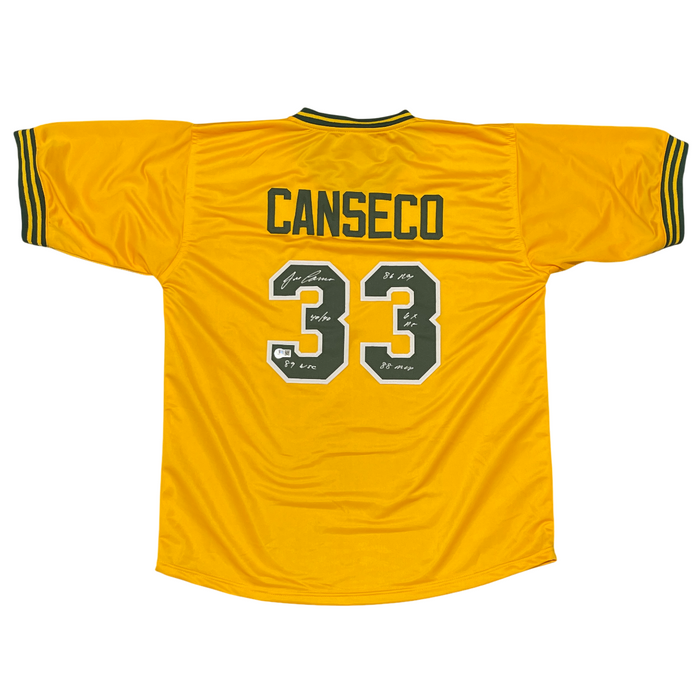 Jose Canseco Signed Athletics Custom Jersey w/ 5 Insc Beckett Witness BAS COA As-Powers Sports Memorabilia