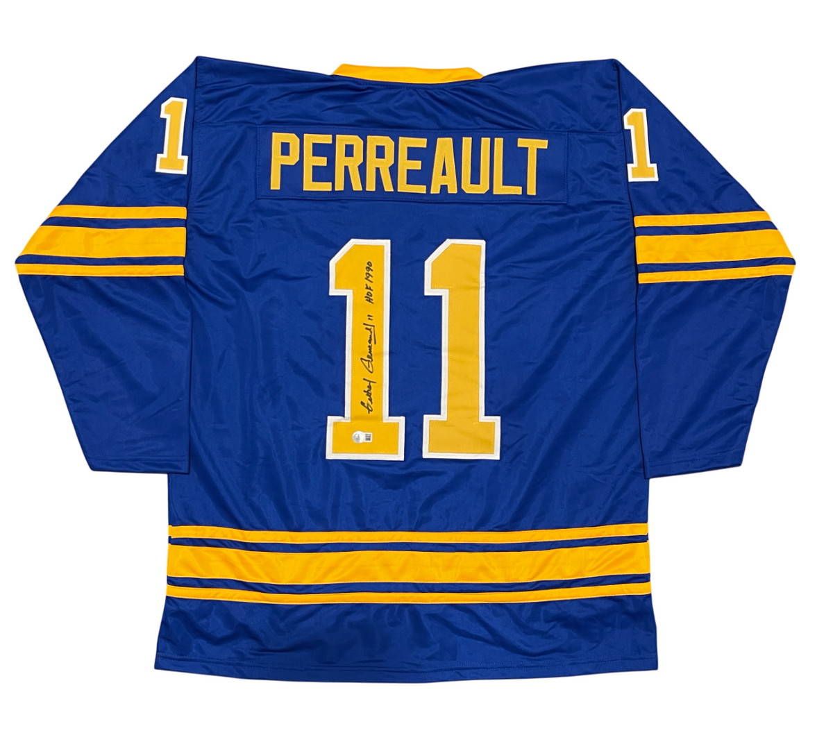 Gilbert Perreault Signed Sabers Custom Jersey w/ HOF 1990 Beckett Wit BAS COA-Powers Sports Memorabilia