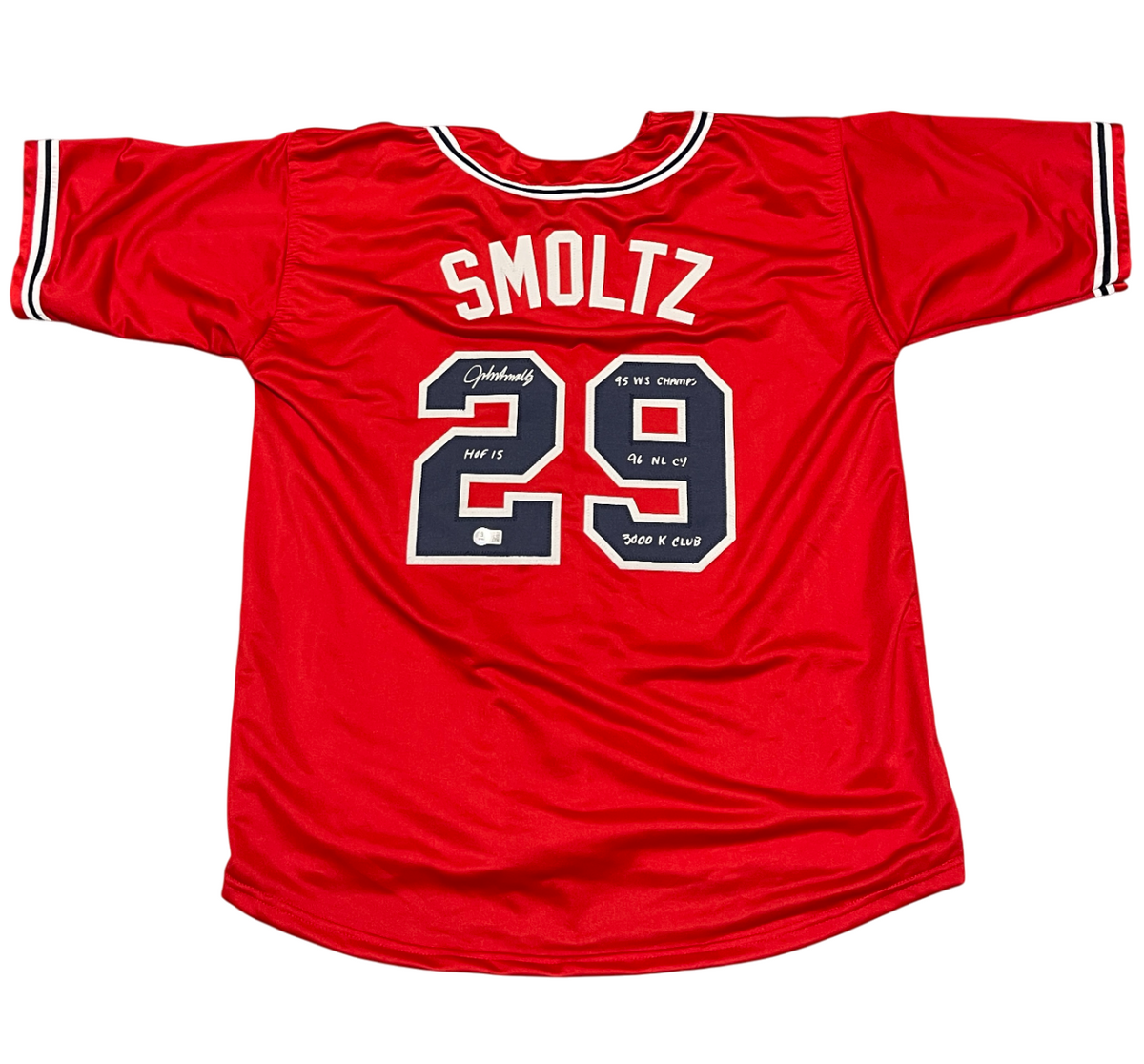 John Smoltz Signed Custom Jersey w/ 4 Ins Beckett Witness Authenticated-Powers Sports Memorabilia