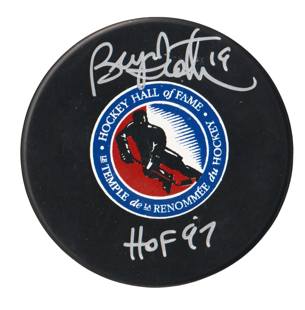 Bryan Trottier Signed NHL Hall of Fame Puck w/ HOF 97 Beckett Witness Authenticated-Powers Sports Memorabilia