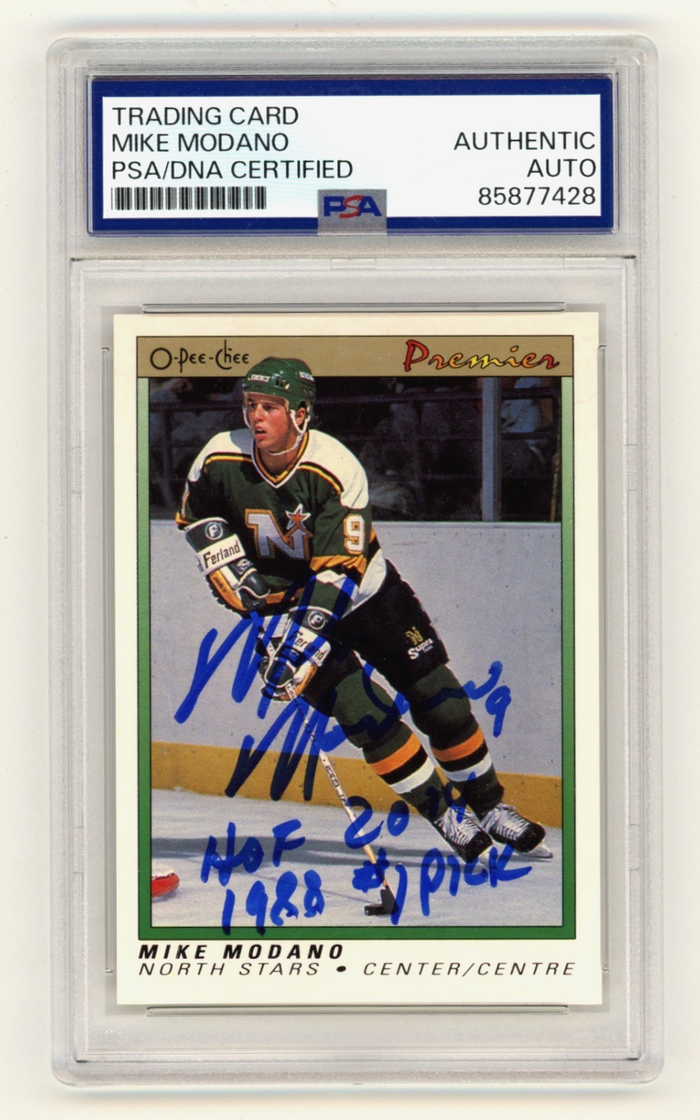 Mike Modano 1990-91 O-Pee-Chee Premier Signed RC w/ 2 Insc. PSA/DNA Authenticated-Powers Sports Memorabilia