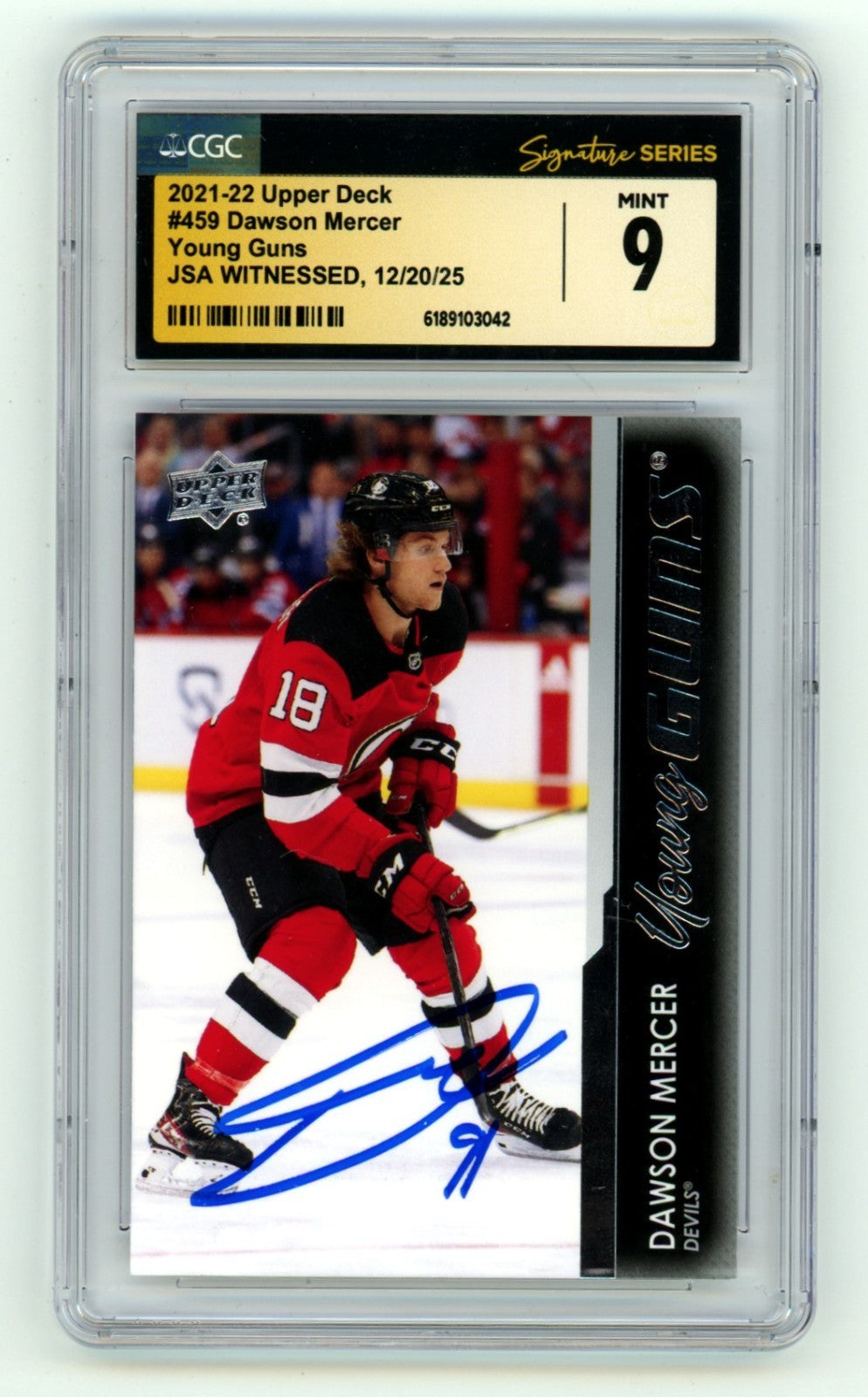 Dawson Mercer 2021-22 Upper Deck #459 Young Guns RC Auto Signed JSA CGC 9 Devils-Powers Sports Memorabilia