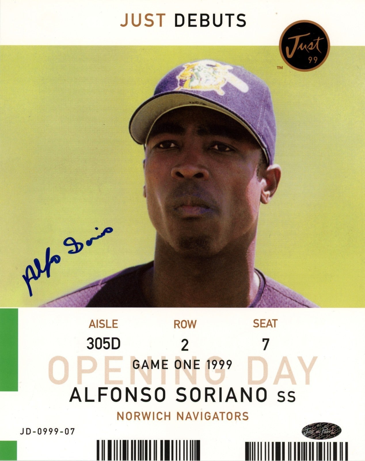 Alfonso Soriano Signed 1999 Just Debuts 8x10 Just Memorabilia Authenticated-Powers Sports Memorabilia