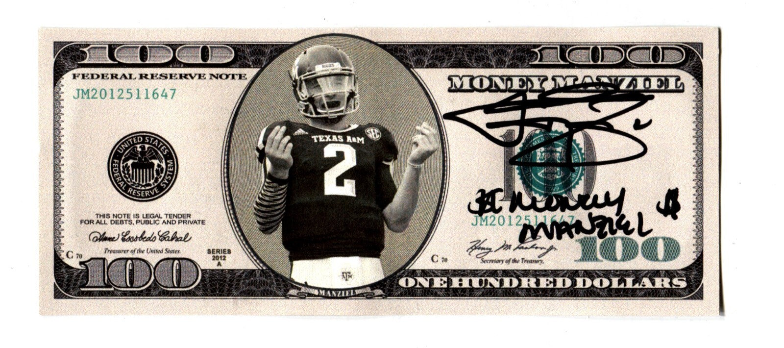 Johnny Manziel Signed Auto Custom $100 Bill "Money" Insc Beckett Witness Authenticated-Powers Sports Memorabilia