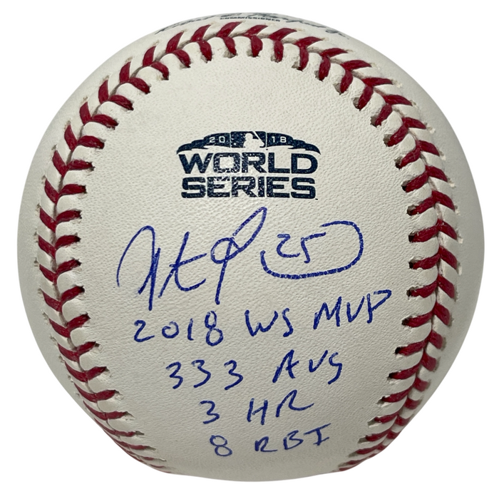 Steve Pearce Signed 2018 World Series Baseball WS MVP + Stats Beckett W Beckett Authenticated-Powers Sports Memorabilia