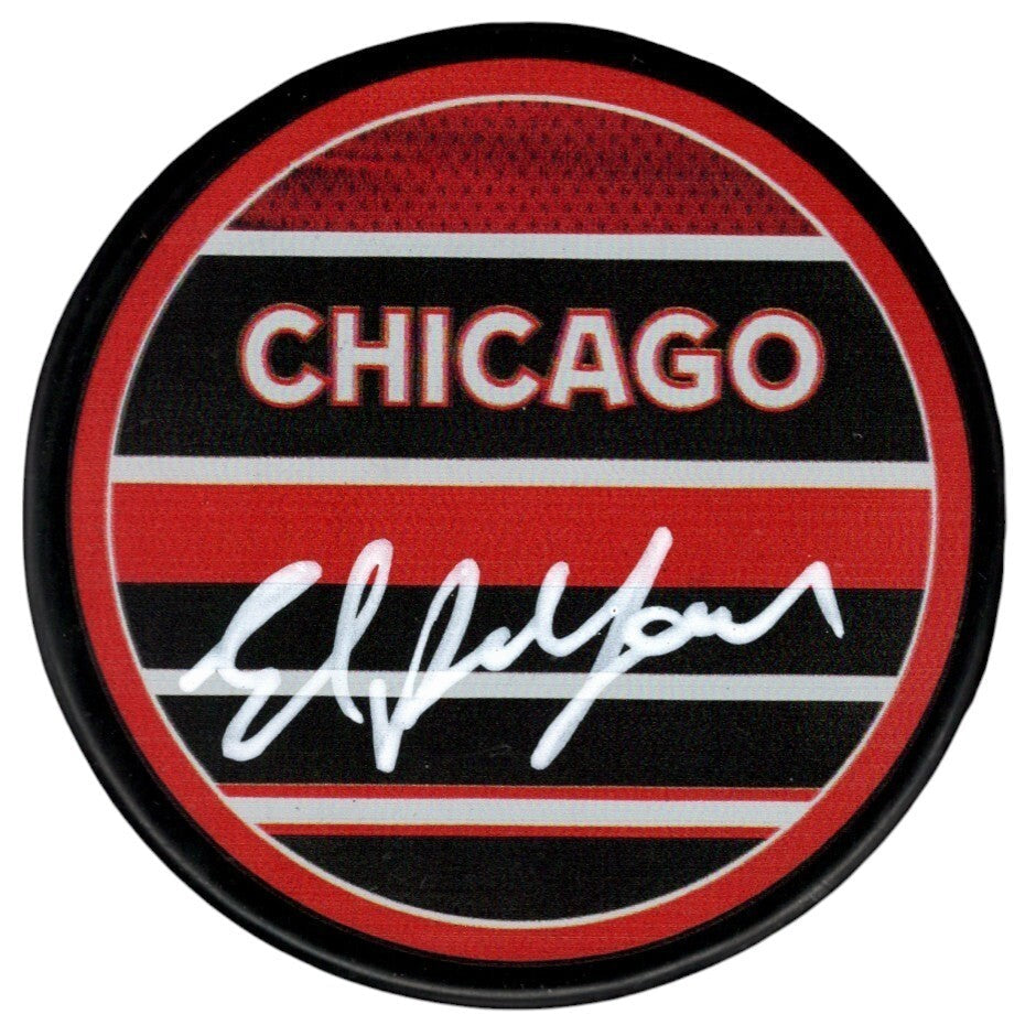 Ed Belfour Signed Chicago Blackhawks Reverse Retro Puck Beckett Witness Authenticated-Powers Sports Memorabilia