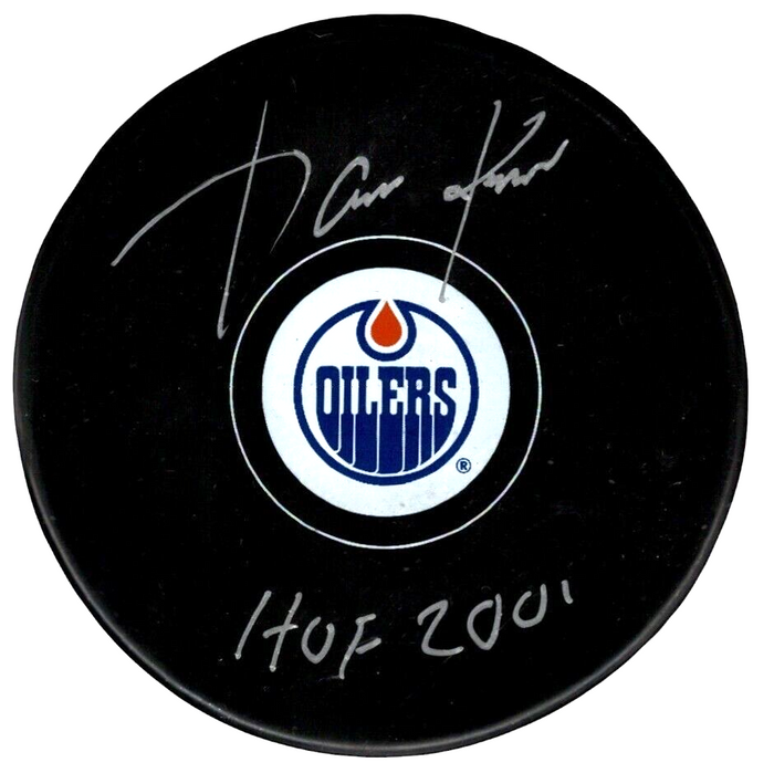 Jari Kurri Signed Edmonton Oilers Logo Puck w/ HOF 2001 Beckett Witness Authenticated-Powers Sports Memorabilia