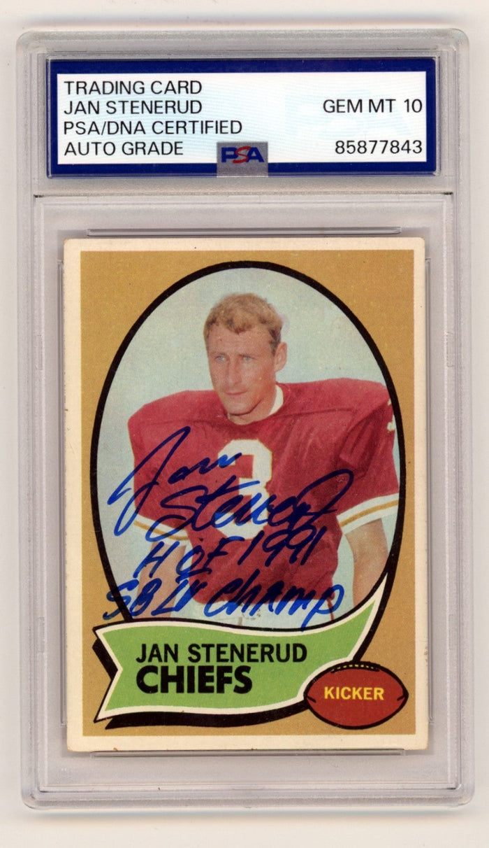 Jan Stenerud 1970 Topps #25 Signed Auto Rookie RC w/ HOF + SB Insc. PSA 10 Auto-Powers Sports Memorabilia