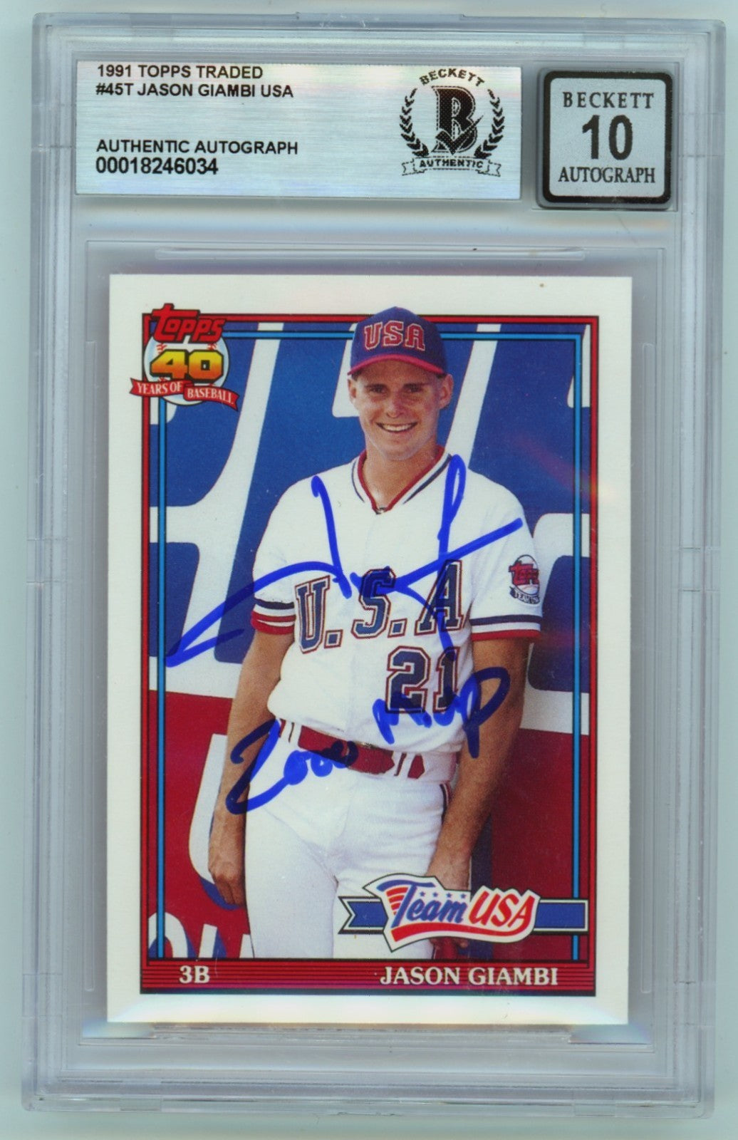 Jason Giambi 1991 Topps Traded USA #45T Signed RC w/2000 MVP Beckett BGS 10 Auto-Powers Sports Memorabilia