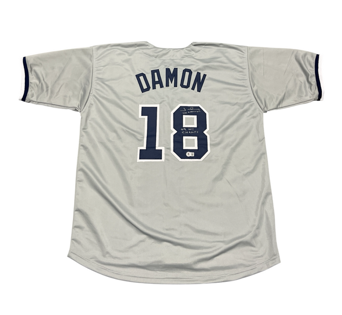 Johnny Damon Signed Yankees Custom Jersey w/ 09 WS Champs Beckett Wit BAS COA-Powers Sports Memorabilia