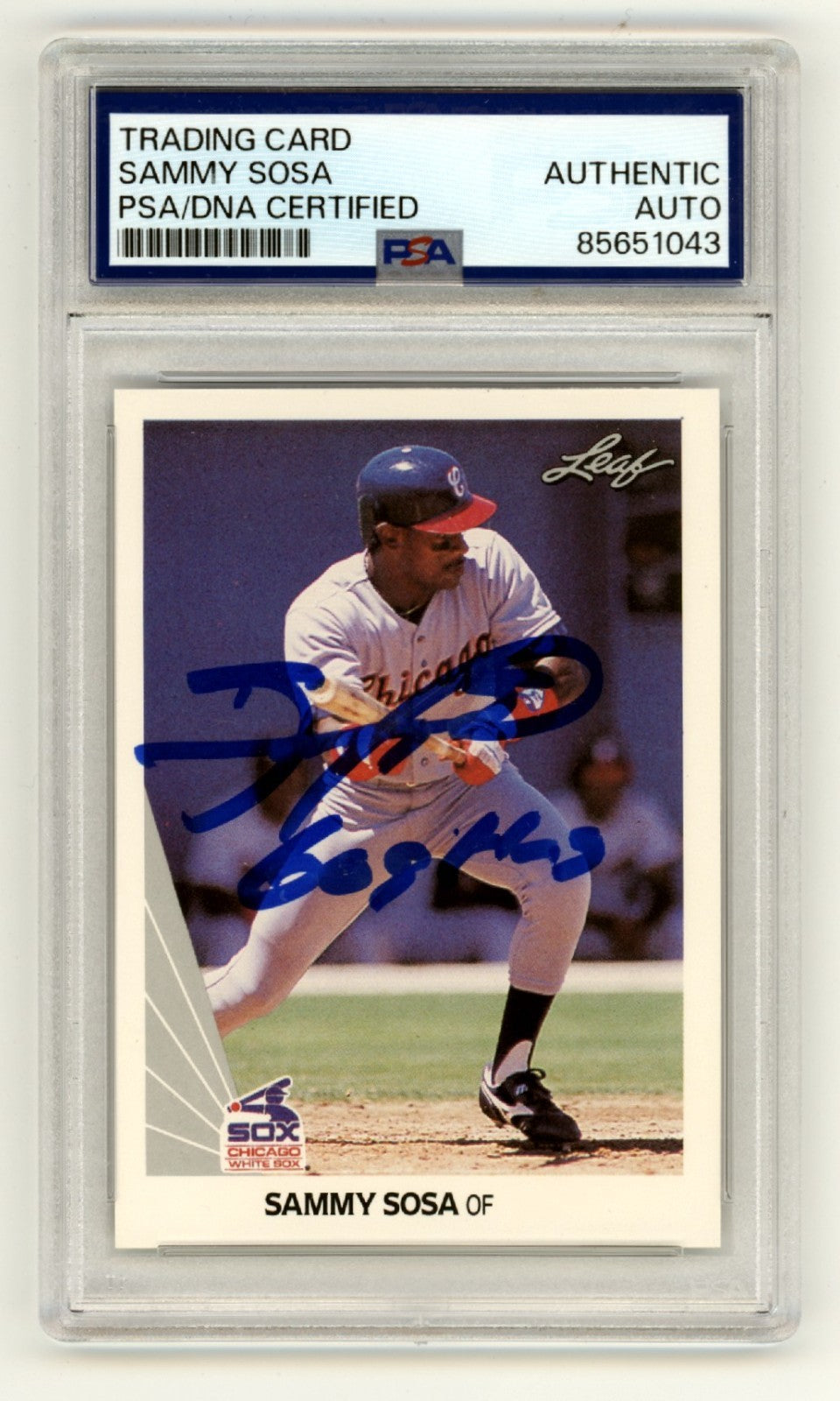 Sammy Sosa 1990 Leaf #220 Signed Rookie RC w/ 609 HRS Insc. PSA Authentic Auto-Powers Sports Memorabilia