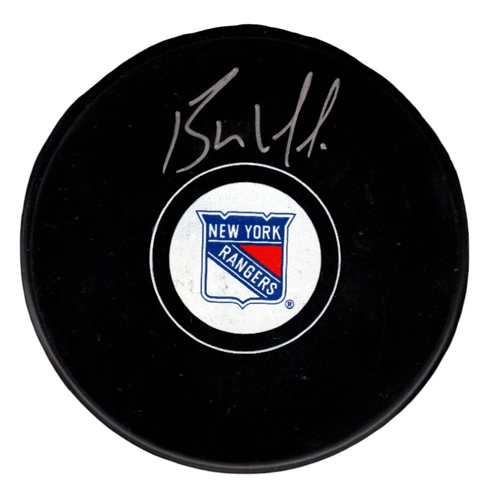 Bernie Nicholls Signed New York Rangers Logo Puck JSA Witness Authenticated-Powers Sports Memorabilia