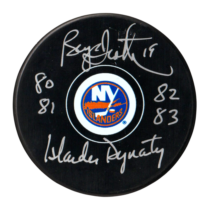 Bryan Trottier Signed Islanders Logo Puck w/ Islanders Dynasty Beckett W Beckett Authenticated-Powers Sports Memorabilia