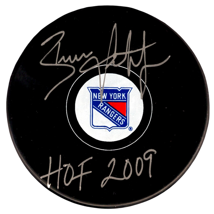 Brian Leetch Signed New York Rangers Puck w/ HOF 2009 Beckett Witness Authenticated-Powers Sports Memorabilia
