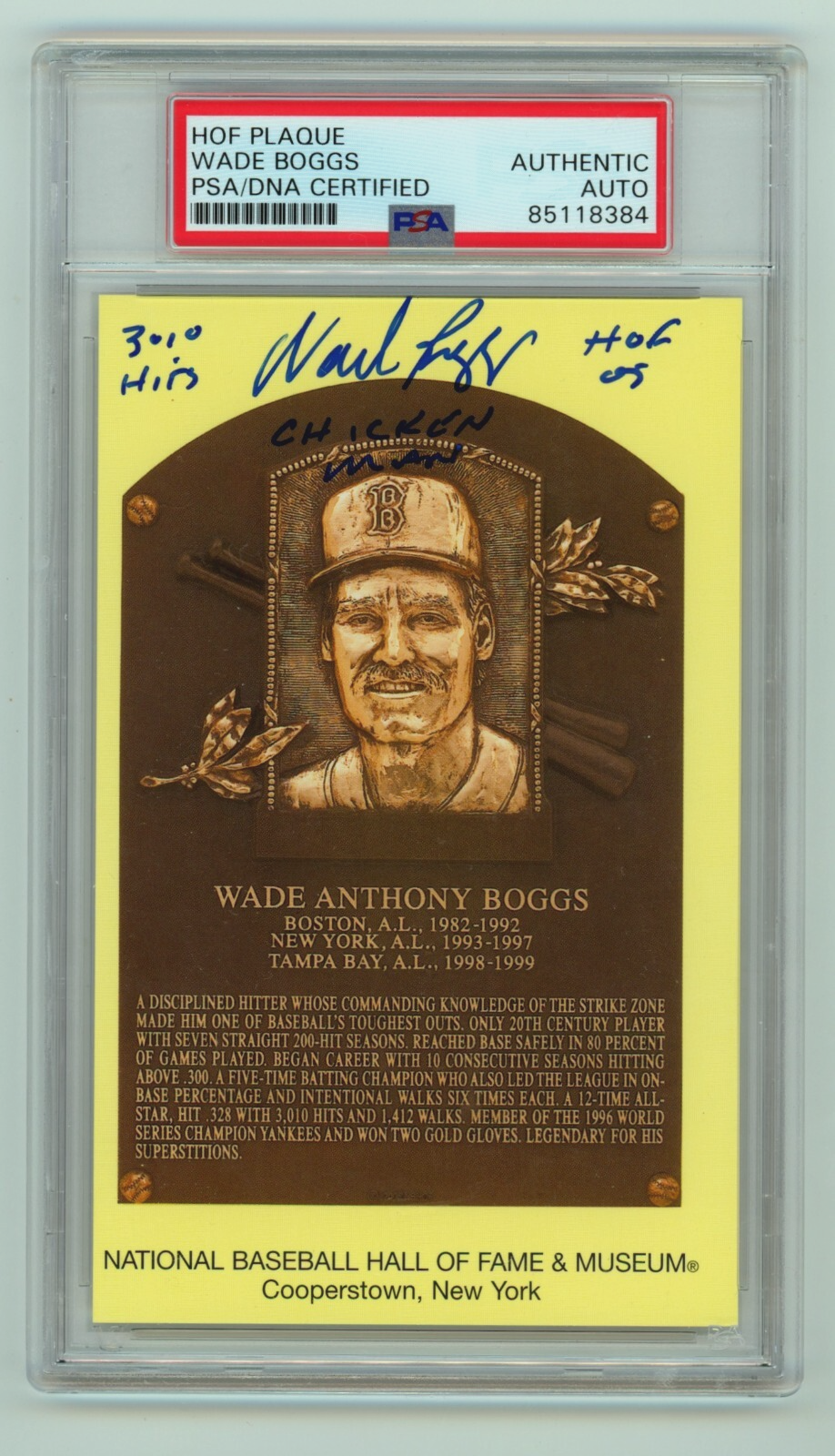 Wade Boggs Signed Yellow HOF Plaque Post Card w/ 3 Insc. PSA/DNA Authenticated-Powers Sports Memorabilia