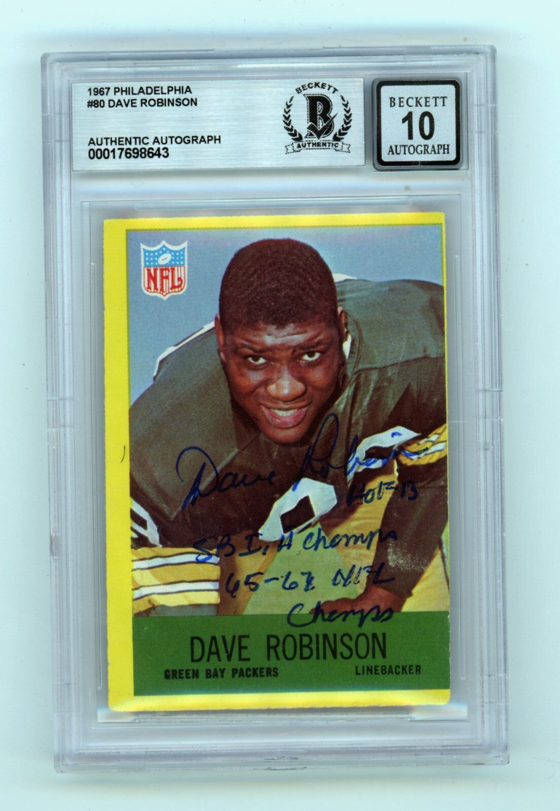 Dave Robinson 1967 Philadelphia #80 Signed Rookie RC w 3 Insc HOF BGS 10 Auto D-Powers Sports Memorabilia
