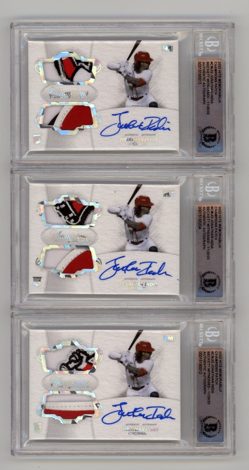 Jonathan India 2021 Hits Memorabilia Champions Ice Patch Dual Auto RC /3 BGS BAS-Powers Sports Memorabilia