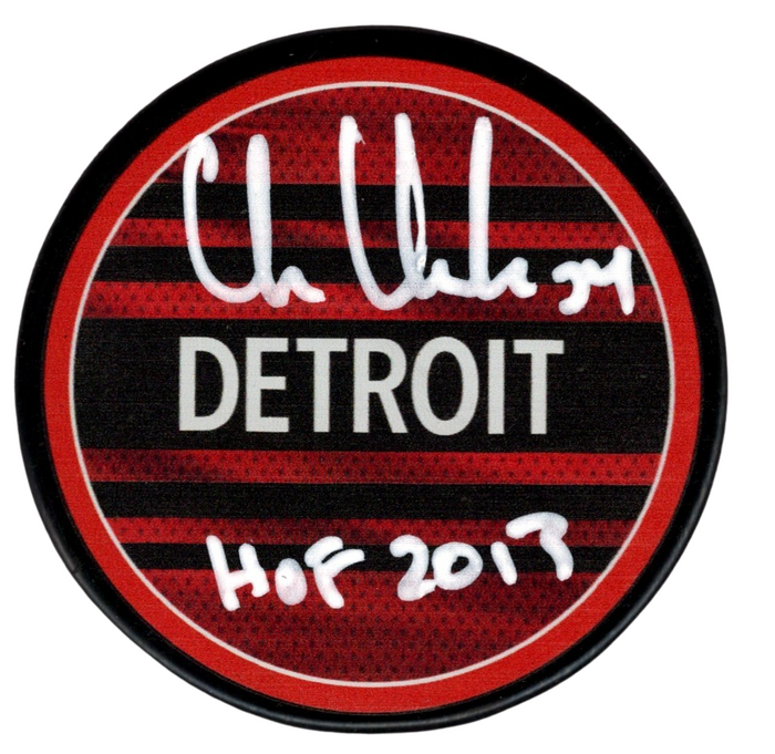 Chris Chelios Signed Auto Red Wings Reverse Retro Puck HOF 2013 Beckett Authenticated-Powers Sports Memorabilia