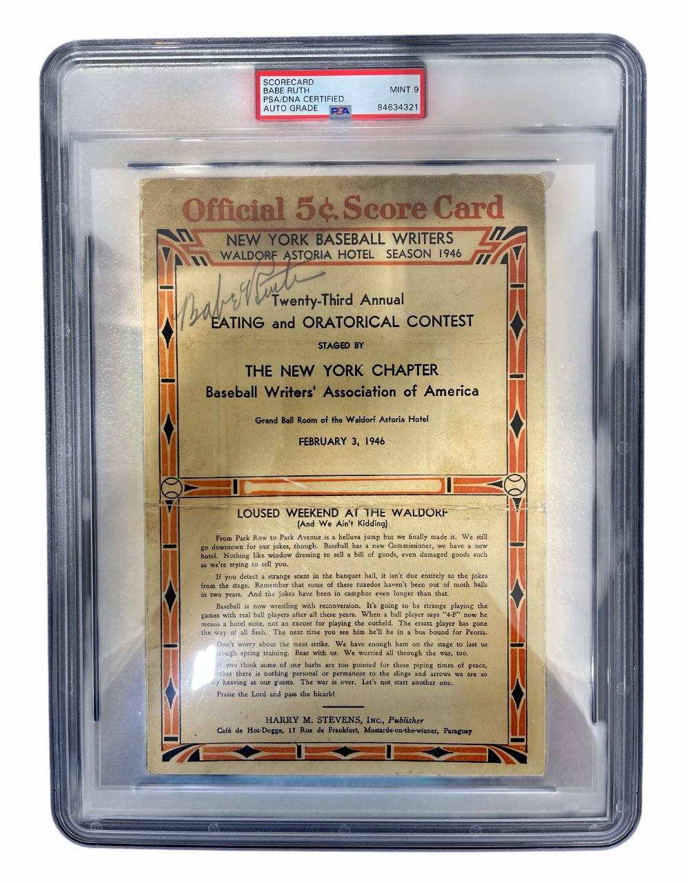 Babe Ruth Signed 1946 NY BBWAA Eating Contest Official Scorecard PSA 9 Auto MINT-Powers Sports Memorabilia