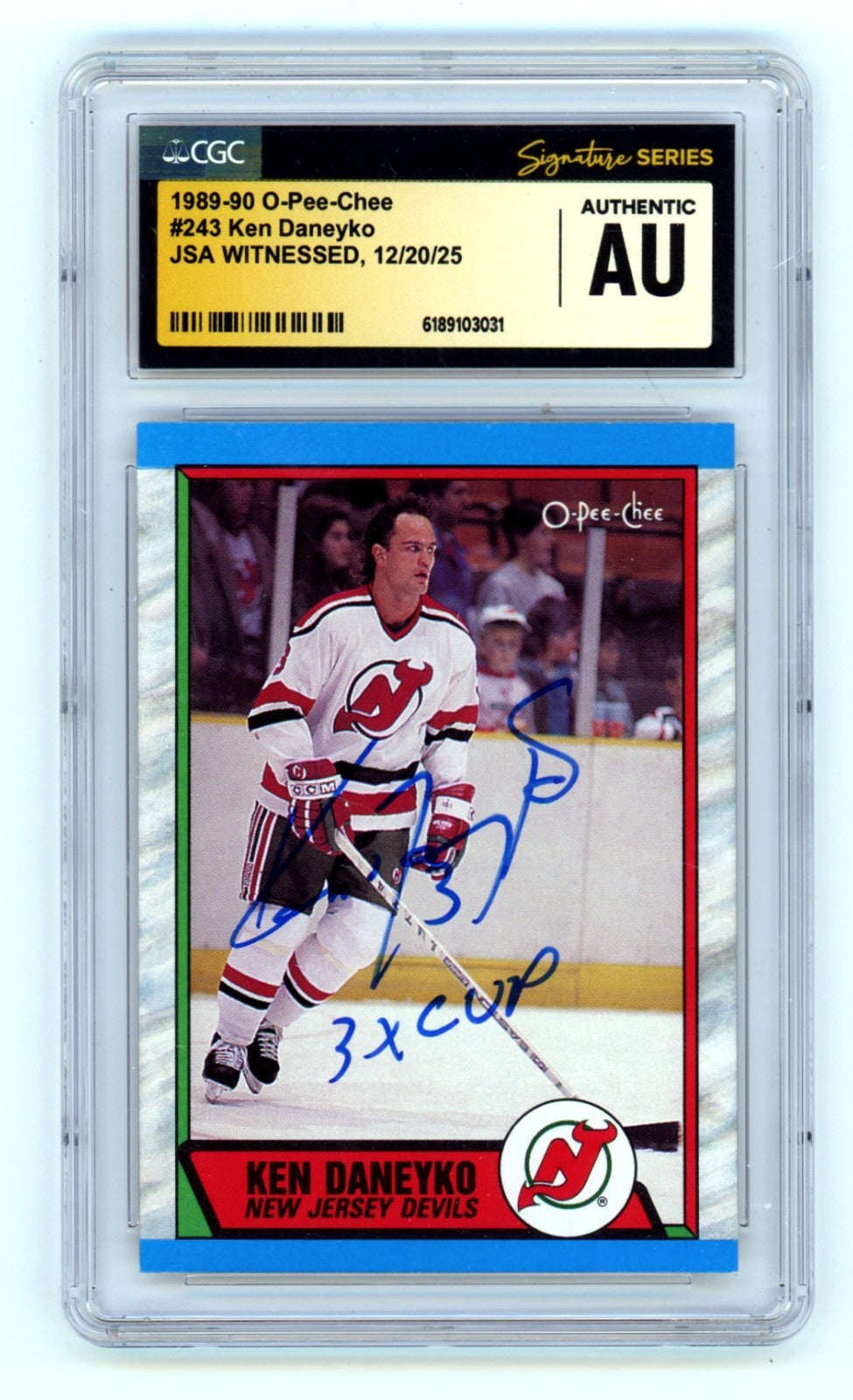 Ken Daneyko 1989-90 O-Pee-Chee OPC #243 w/ 3 Cup Signed JSA CGC Authentic Auto-Powers Sports Memorabilia