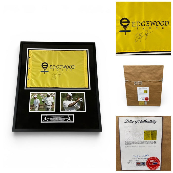 Michael Jordan Signed & Custom Framed Edgewood Tahoe Golf Pin Flag PSA LOA-Powers Sports Memorabilia