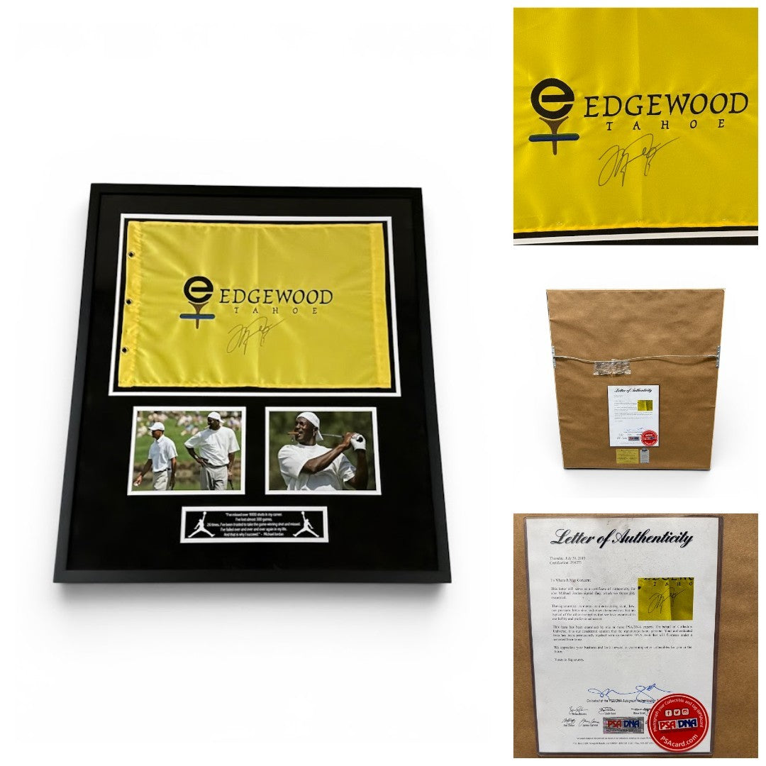 Michael Jordan Signed & Custom Framed Edgewood Tahoe Golf Pin Flag PSA LOA-Powers Sports Memorabilia