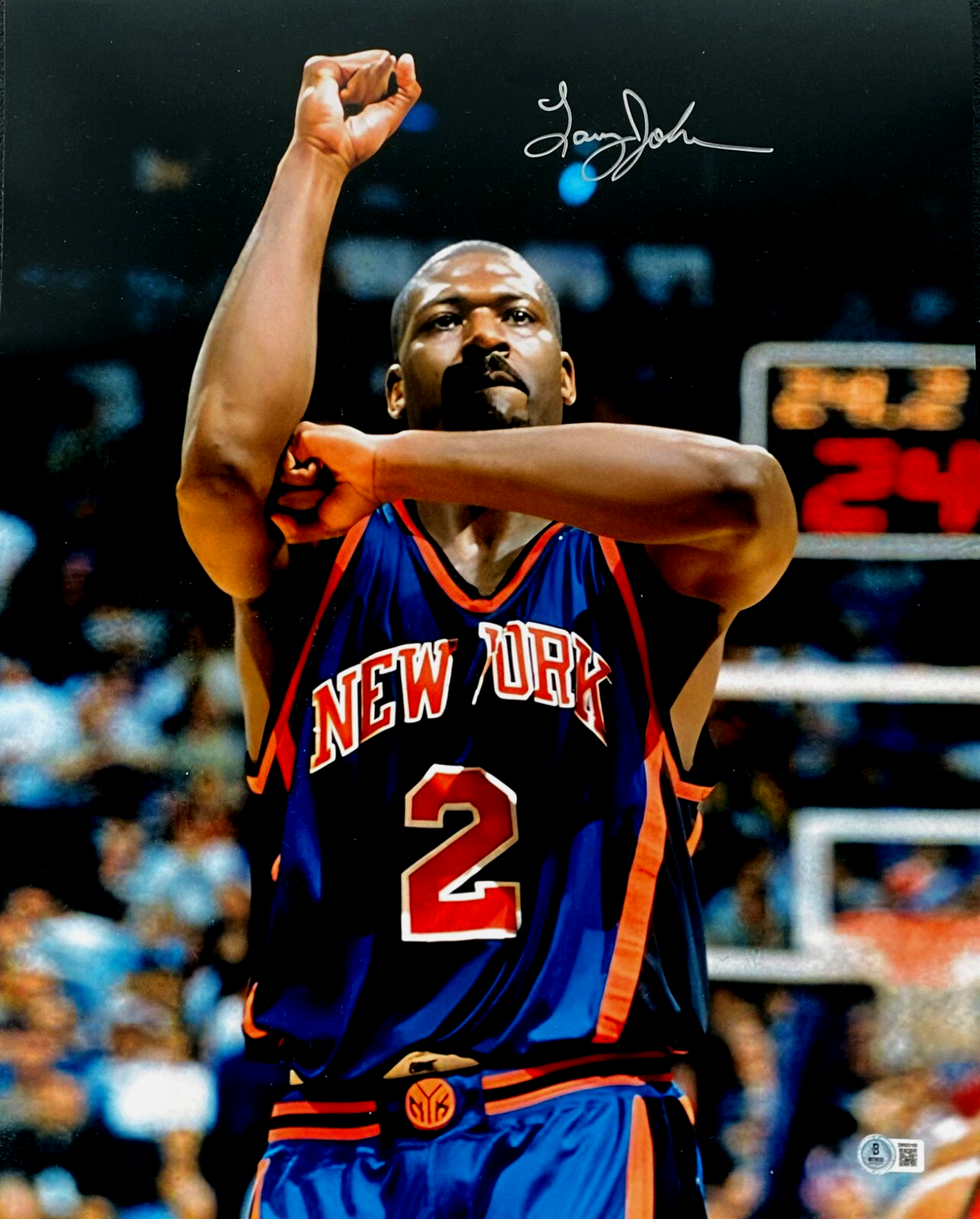 Larry Johnson Signed New York Knicks 16x20 Photo Beckett Witness BAS COA-Powers Sports Memorabilia