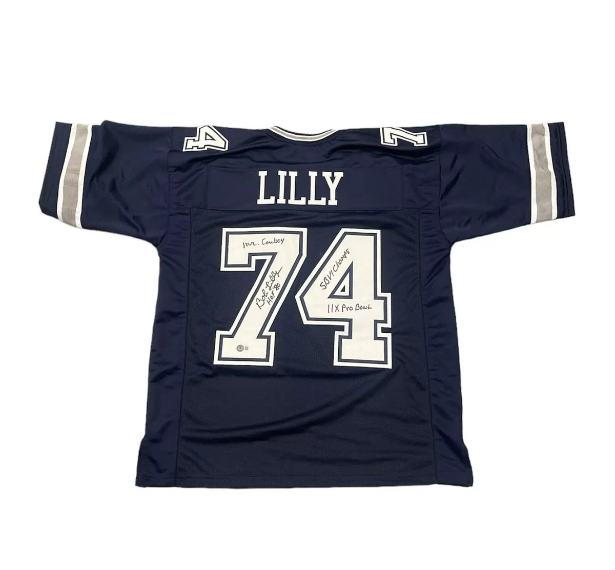 Bob Lilly Signed Navy Custom Jersey w/ 4 Ins Beckett Witness Authenticated-Powers Sports Memorabilia