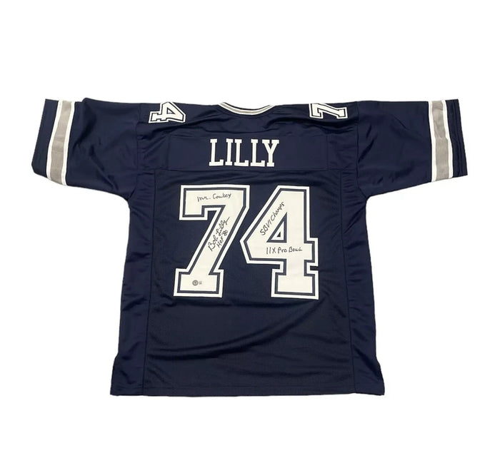 Bob Lilly Signed Navy Custom Jersey w/ 4 Ins Beckett Witness Authenticated-Powers Sports Memorabilia