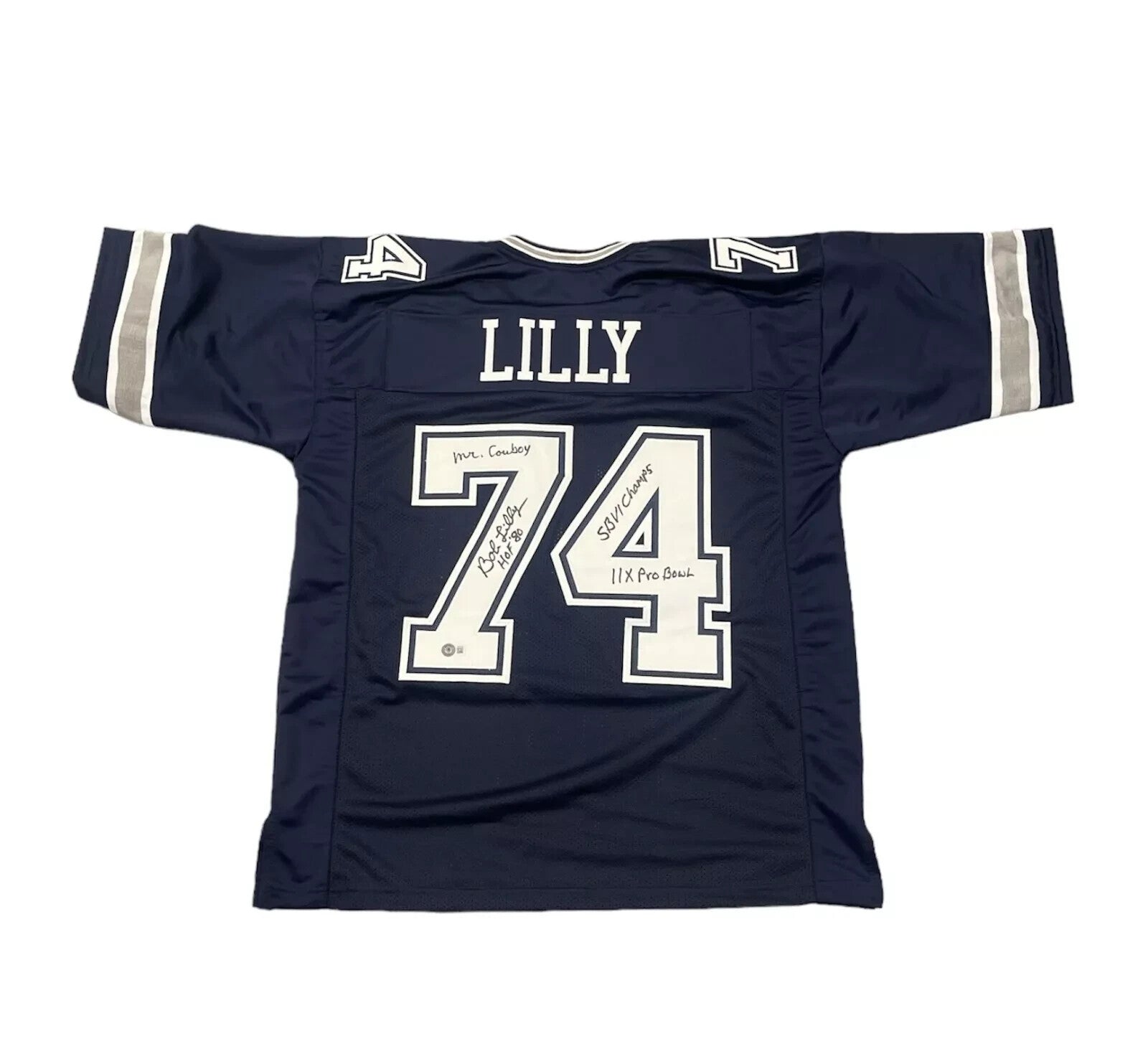 Bob Lilly Signed Navy Custom Jersey w/ 4 Ins Beckett Witness Authenticated-Powers Sports Memorabilia