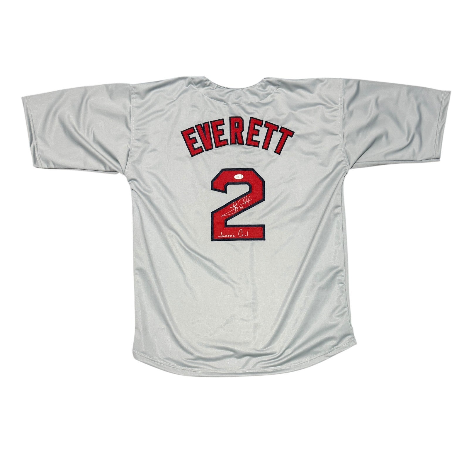 Carl Everett Signed Custom Grey Jersey w/ Jurassic Carl JSA Witness Authenticated-Powers Sports Memorabilia